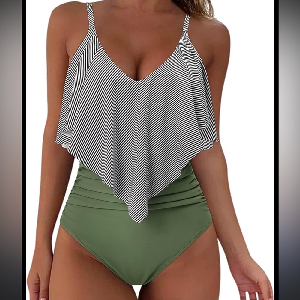 NWOT From Amazon Green And Black/White Striped Ruffle Ruched One Piece Swimsuit